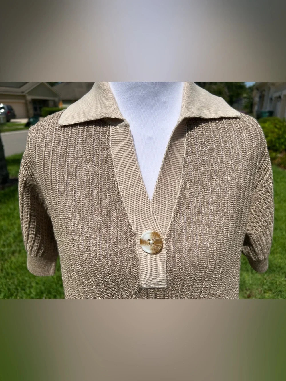 NWT🌷Varley Perrine Taupe Knit Polo V-Neck Short Sleeve Sweater